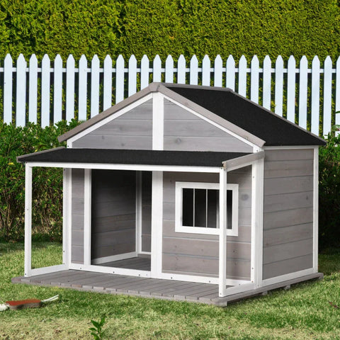 Rootz Hondenkennel - Hondenhok - Knaagdierenhok - Geïsoleerd Hondenhok - Met Terras Asfaltdak - Weerbestendige Hut - Grijs - 127 x 112 x 109 cm