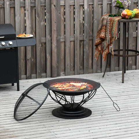 Rootz Fire Pit - 2-in-1 Fire Pit - Spark Guard Grill  - Garden BBQ - Grill Mesh Rack - Black - Ø75 x 55H cm