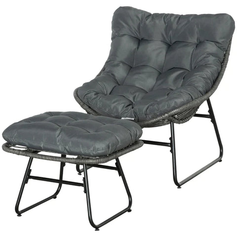 Rootz Rattan Relax Chair with Footstool - Garden Chair - Outdoor Rattan Chair with Cushion - Steel - Polyester - Grey - 69 x 76 x 70 cm