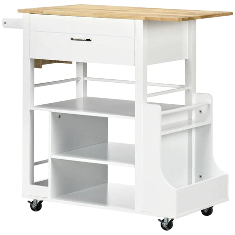 Rootz Kitchen Trolley - Serving Trolley - Kitchen Cart - With Wheels 1 Drawer - 1 Spice Rack 1 Towel Rack - White - 89cm x 48cm x 89cm