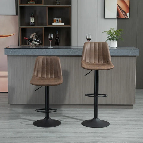 Rootz Set Of 2 Bar Stools In Retro Design - Including Footrest - Height Adjustable - Gas Lift - Brown + Black - 43L x 46.5W x 89-110H cm
