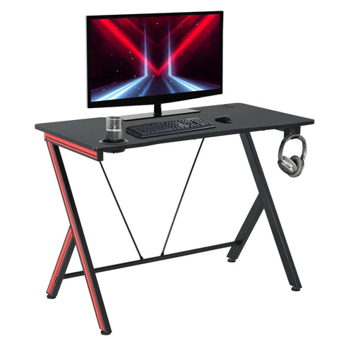 Rootz Gaming Table - Desk with Headphone Hook - Drink Holder - Computer Desk - Steel + MDF - Black - 105 x 55 x 75 cm