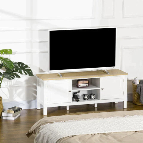 Rootz TV Bench - TV Dresser - Two Cupboard Compartments With Doors - 2 Open Compartments - White + Nature - 120 x 35 x 48cm