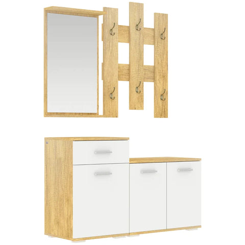 Rootz 3 Pcs. Wardrobe - With Mirror - 6 Double Hooks - Two Shoe Cabinets - Seat - Wood Look + White - 104 x 35 x 64 cm