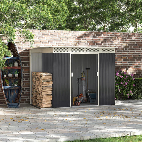 Rootz Tool Shed - Garden Shed with Side Storage - Sliding Door - Steel - Black - 257 x 142 x 184 cm