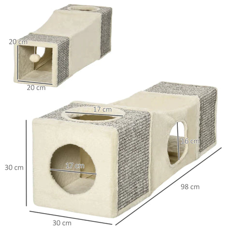 Rootz Cat Tunnel - 2 Cat Caves - Cat Bed - Scratch Pads And Ball Toy - Chipboard/Fluff/Sisal - Brown/Beige - 98cm x 30cm x 30cm