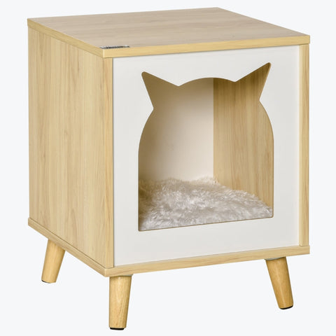 Rootz Cat Cave - Cat Bed - Side Table - Animal House - Cat Nest - Coffee Table with Cushion - Cat Motif for Bedroom Living Room - Natural Pine Wood - 40 x 40 x 50 cm
