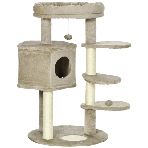 Rootz Cat Tree - Scratching Post With 1 Cat Cave - Cat House - Bed And Toy Ball -  Brown + Cream White - 55 cm x 55 cm x 94 cm