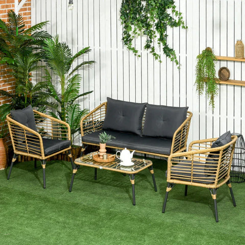 Rootz Gartenmöbel-Set – 4-teiliges Rattan-Gartenmöbel – Boho-Stil – wetterbeständig – abnehmbare Bezüge – Natur + Dunkelgrau – 131 cm x 63 cm x 76 cm