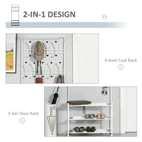 Rootz Kleiderständer – Garderobe – Schuhregal – 18 Haken – Metall – Weiß – L67 x B30 x H185 cm