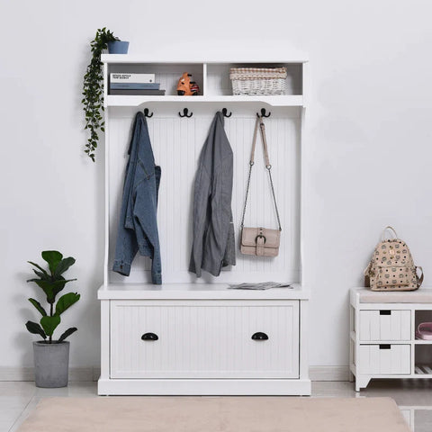 Rootz Kapstok - Moderne Kledingkast - Kledingrek Met Bank - Kapstokhaak - MDF - Spaanplaat - Wit - 102B x 47D x 164H cm