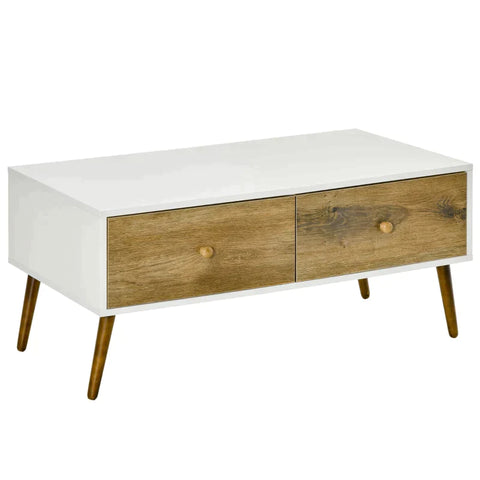 Rootz Coffee Table - Coffee Table With Two Drawers - Side Table - Storage Cabinet - Scandinavian-style - White/Brown - 100 cm x 53.5 cm x 45 cm