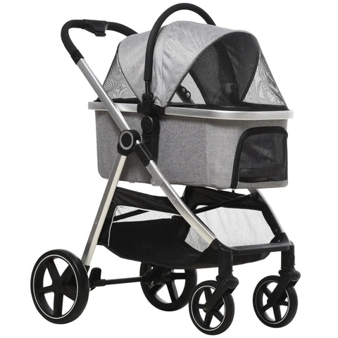 Rootz 2-in-1 Dog Buggy With Cushion - Foldable - 1 Storage Basket - Adjustable Canopy - Safety Leash - Light Gray + Silver - 83 cm x 58 cm x 102 cm