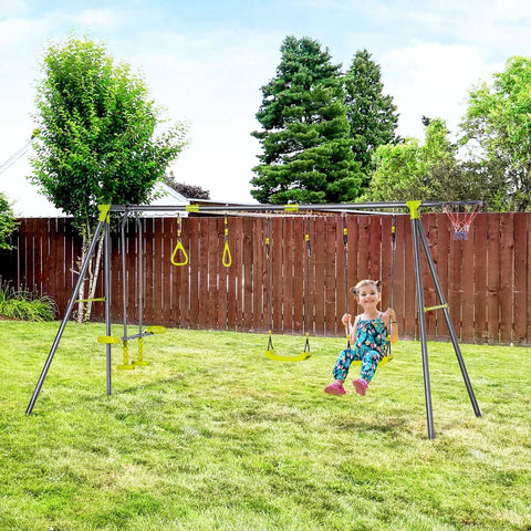 Rootz Kinderschaukel – Gartenschaukel mit Metallgestell – Schaukelgestell – Schaukelset – Kletterringe – Wippe – bis 150 kg – Outdoor – 365 x 138 x 175 cm