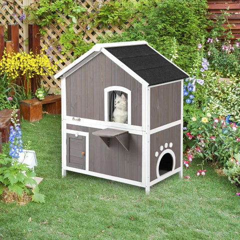 Rootz Cat House - Cat Hut - Cat Cave - Cat Villa - Small Animal House - With Platform - Weatherproof - Fir Wood - Grey - 100 x 62.5 x 119 cm
