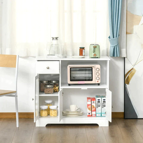 Rootz Microwave Oven Cabinet - Kitchen Cabinet - Cabinet - Storage Cabinet - With 2 Cabinets And Drawer - White - 90 x 40 x 82 cm