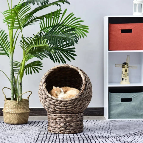 Rootz Water Hyacinth Cat Basket with Cushion - Cat Bed - Cat House - Pet Bed - Brown + Beige - 50cm x 42cm x 60cm