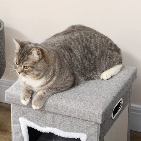 Rootz Cat Cave - Cat House - Including Play Ball - Washable Cushion - Scratching Pad - Handles - Anti-slip Foot Pad - Grey - 35.5 cm x 35.5 cm x 42.5 cm