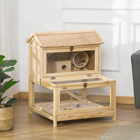 Rootz Small Animal Cage - Hamster Cage - Wooden Hamster Cage - Mice Rodent Small Animals Hutch - Double Layers - Exercise Play House - With Sliding Tray - Running Wheel - 63.5 x 62 x 78 cm