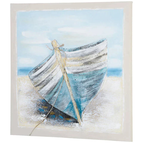Rootz Painting - Mural - Wall Art - Boat On The Beach Mural - Wall Pictures - Nostalgic art - Canvas (Polyester)/Pine Wood/Watercolor (Propylene) - Blue/Beige/White - 80L x 80W x 2.8H cm