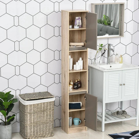 Rootz Bathroom Shelf - Bathroom Cabinet - Kitchen Cabinet - 2 Door Cabinets - 2 Open Shelves - Chipboard + MDF - Gray + Natural - 30 x 24 x 170cm