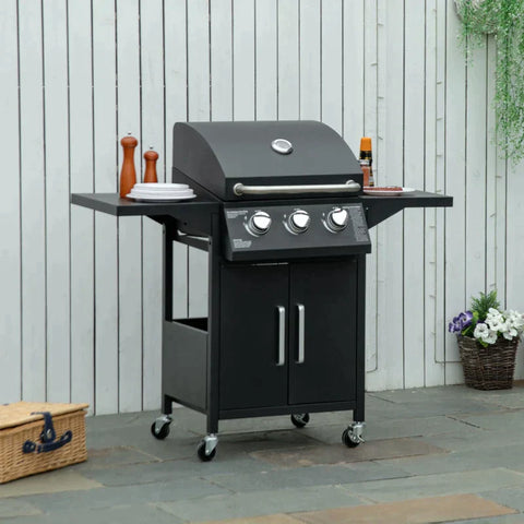 Rootz Gas Grill - BBQ With 3 Burners - Mobile Grill Trolley With 4 Wheels - Grill Net - Side Tables - Pressure Reducer - Hoses Cabinet - Multifunction - Steel - Black - 121 x 55 x 109 cm