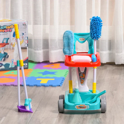 Rootz Schoonmaak Trolley - Bezem Trolley - Kids Schoonmaak Speelgoed - Schoonmaak Trolley Met Accessoires - Abs Pp Plastic - Groen + Rood + Wit - 40 x 32 x 52,5 cm