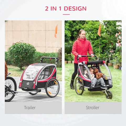 Rootz Kinderfahrradanhänger – 2-in-1-Kinderwagen – Kinderfahrradanhänger – 2-Sitzer-Transportträger – mit Anhängerkupplung – Rot/Schwarz – 142 x 75 x 101 cm