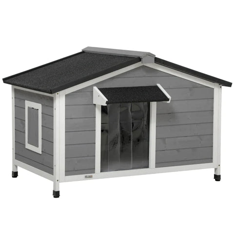 Rootz Solid Wood Dog Kennel - Weather Resistant - Asphalt Roof - Removable Base - Gray + White - 109cm x 79cm x 72cm