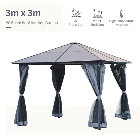 Rootz Gazebo - Garden Pavilion - Party Tent With Side Panels - PC Roof - Aluminum - Dark Grey - 300L x 400W x 265H cm