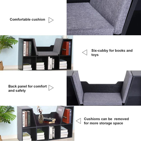 Rootz Bookshelf - Bookshelf With Stool Bench - Bookcase Storage Shelf With Cushioned Reading Seat - Bedroom - Living Room - Black/Grey - 102 × 30 × 61 cm