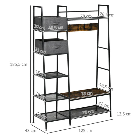 Rootz Kapstok - Industrieel Design Kapstok - 8 Planken - 5 Kapstokhaken - 1 Schoenenbank - 2 Laden - Grijs/Bruin - 125L x 43B x 185,5H cm