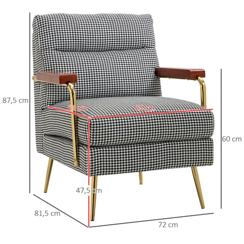 Rootz Fauteuil - Retro Design - Accentstoel - Pied-de-poule Patroon - Linnen Polyester - Houten Elementen - Veerkern - Zwart + Wit - 72L x 81,5W x 87,5H cm