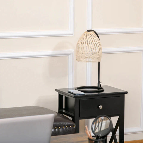 Rootz Tischlampe – Tischlampe im Boho-Stil – 1,5 m Kabel – Rattan-Lampenschirm – Schwarz + Natur – 20 cm x 20 cm x 41 cm