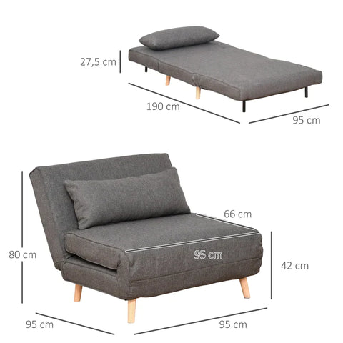 Rootz Single Sofa Bed - Slaapbank - Opklapbare Sofa - Verstelbare Rugleuning Ligstoel - Grijs - 95 x 95 x 80 cm