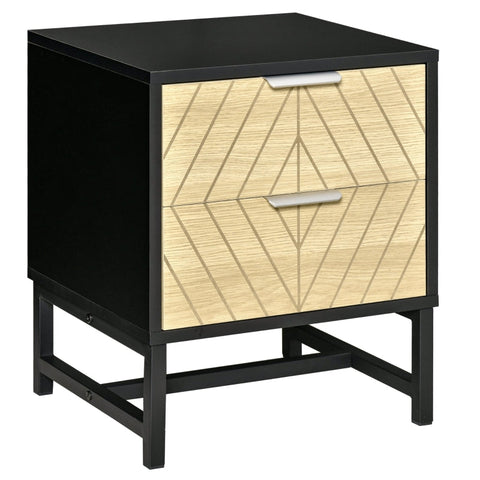 Rootz Bedside Table - 2 Large Drawers - Retro Antique Style - Bedroom - Living Room - Chipboard - Metal - Black + Natural - 40 cm x 36 cm x 48.5 cm