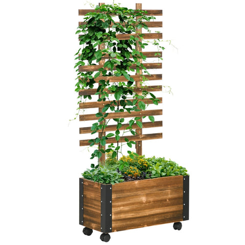 Rootz Verhoogd Tuinbed met Trellis - 4 Wielen - Behandeld Massief Hout - Zwart + Bruin - 65cm x 31cm x 147cm