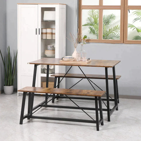 Rootz Esstisch-Set – Sitzgruppe im Industriedesign – 1 Tisch und 2 Bänke – Spanplatte/Stahl – Braun/Schwarz – 120 cm x 80 cm x 75 cm