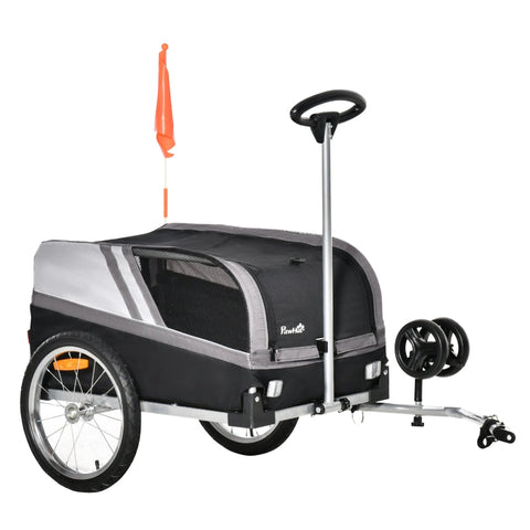 Rootz Hundeanhänger – 2-in-1-Hundeanhänger – Trolley für Haustiere – Fahrradanhänger – Hundetransporter – atmungsaktiv – Metall – Oxford-Stoff – Schwarz + Grau + Silber – 130 x 64 x 92 cm