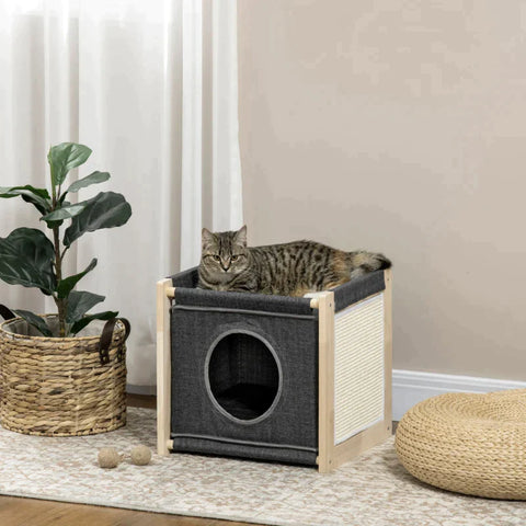 Rootz Cat House - Cat Cave - 2 Tier Cat Cave - 1 Cushion - 1 Scratch Pad - Dark Gray/Natural - 40cm x 40cm x 40.5cm