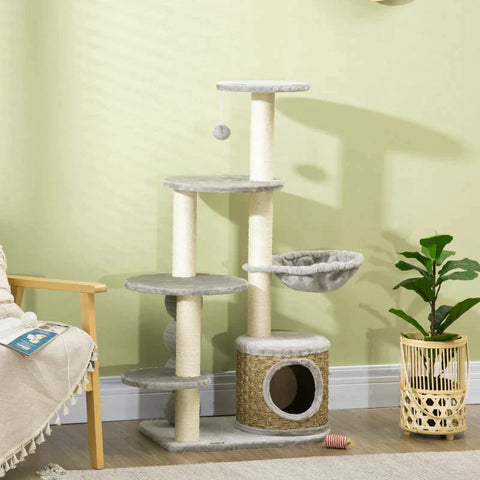 Rootz Scratching Post - Cat Climbing Tower - Cat Tree - Cat Cave - Cat Bed - With Hanging Ball - Light Grey - 60cm x 40cm x 115.5cm