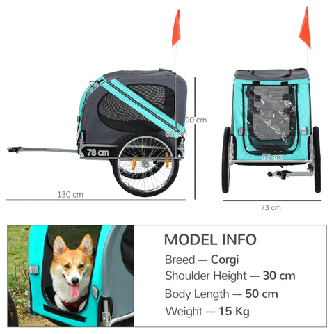 Rootz Pet Trailer - Pet Bicycle Trailer - Bicycle Trailer - Pet Bike Carrier - Folding Rain Cover - Grey/Green - 130 x 73 x 90cm