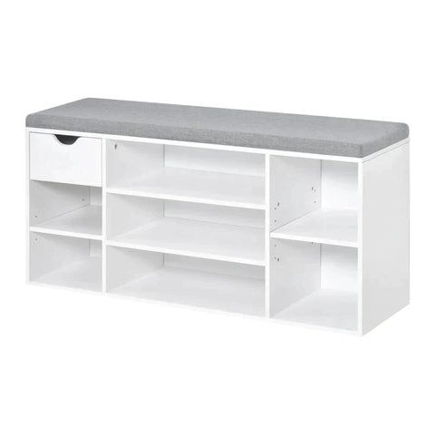 Rootz Shoe Bench - Shoe Storage Bench - Shoe Bench With Cushion - 7 Compartments - Adjustable Shelves - White/Grey - 101 cm x 29 cm x 47.5 cm