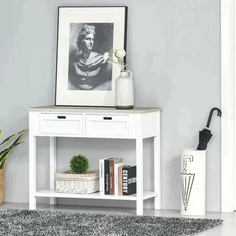 Rootz Console Table - Console Table With 2 Drawers - Retro Design Entrance Hall - Living Room - Bedroom - White + Natural - 100 cm x 40 cm x 80 cm