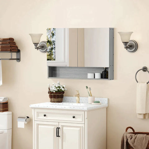 Rootz Mirror Cabinet - Bathroom Cabinet With Two Doors And Shelf - Waterproof - Grey - 80 x 15 x 60 cm