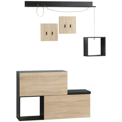 Rootz 4-in-1-Kleiderschrank – Schuhbank und Wandregal – Aufbewahrungsset für den Eingangsbereich – Schwarz + Natur – 120 cm x 32 cm x 78 cm