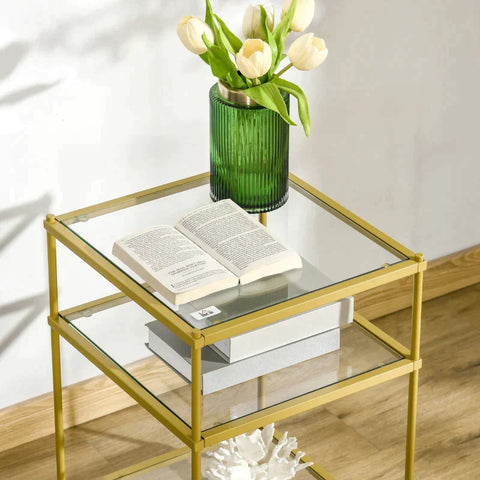 Rootz Side Table -  Coffee Table - Bedside Table - With 3 Glass Shelves - With Steel Frame - Tempered Glass/Steel - Gold - 40 x 40 x 60 cm