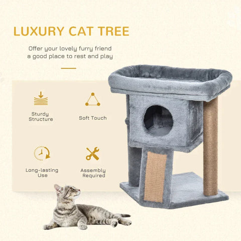 Rootz Cat Tree - Cat Tree with Jute Scratch Mat - Hanging Ball - Scratcher Board - Cat Furniture with Door Hole - Pet Furniture - Light Grey - 40 x 40 x 57 cm