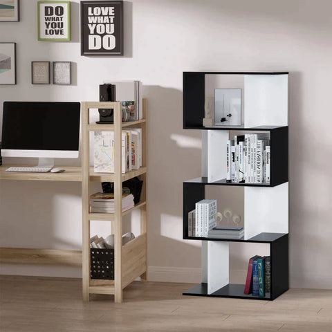 Rootz Bookshelf - S-Shaped Bookshelf - 4 Tiers Bookshelf - Bookcase - Shelf - Black/White