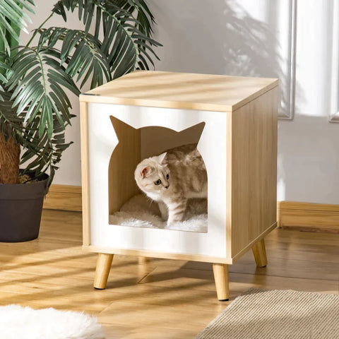 Rootz Cat Cave - Cat Bed - Side Table - Animal House - Cat Nest - Coffee Table with Cushion - Cat Motif for Bedroom Living Room - Natural Pine Wood - 40 x 40 x 50 cm
